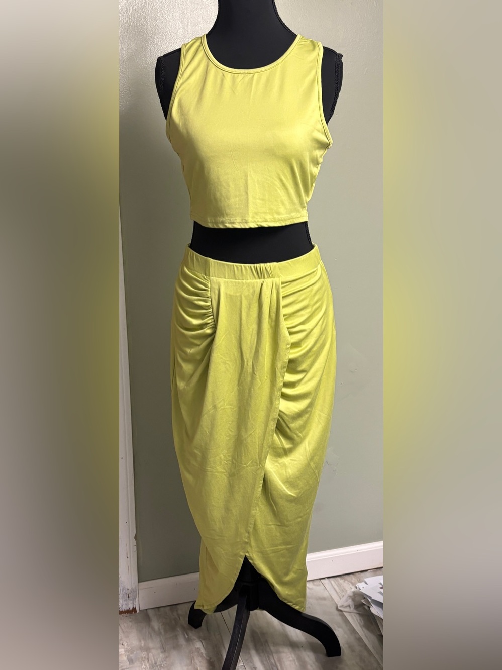 SHEIN Lime Green Ruched Wrap Cropped Top and Midi Skirt